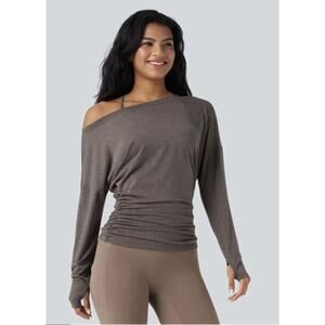 NWT One Shoulder Long Sleeve Thumb Hole Ruched Yoga Sports Top Brown XL
